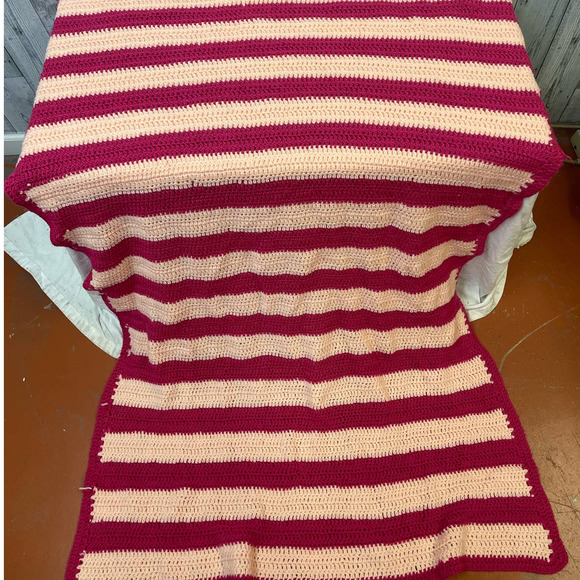Handmade Vintage Crocheted Hot Pink Stripe Blanket Acrylic Afghan Throw